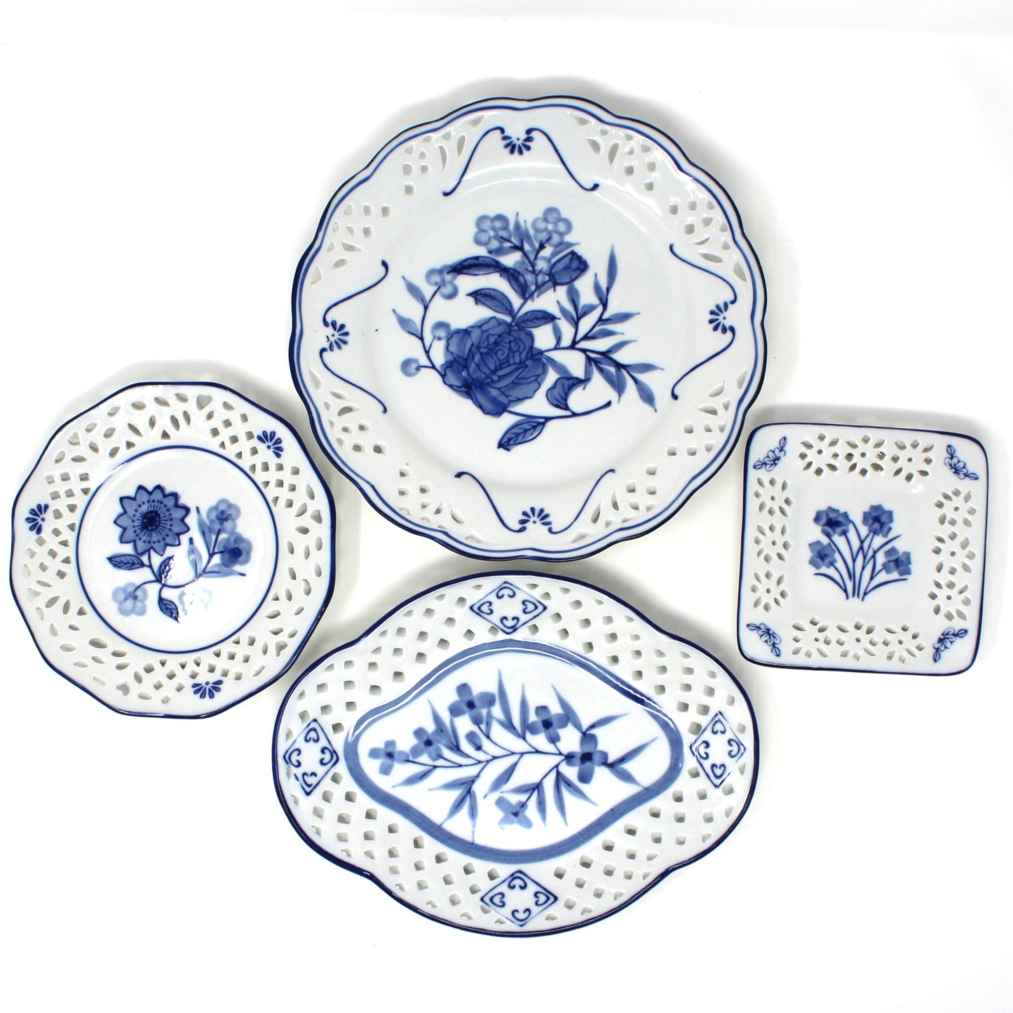 Decorative Plates, Blue and White, Floral Open Work by WMG, Set of 4, Wall Decor Plates