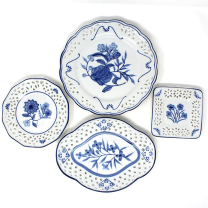 Decorative Plates, Blue and White, Floral Open Work by WMG, Set of 4, Wall Decor Plates