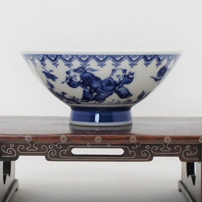 Rice Bowl, Karako Children, Sometsuke Blue and White, Vintage Japan