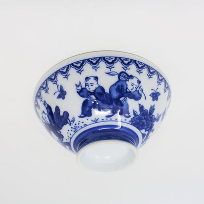 Rice Bowl, Karako Children, Sometsuke Blue and White, Vintage Japan