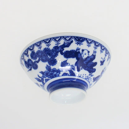 Rice Bowl, Karako Children, Sometsuke Indigo Blue and White, Vintage Japan