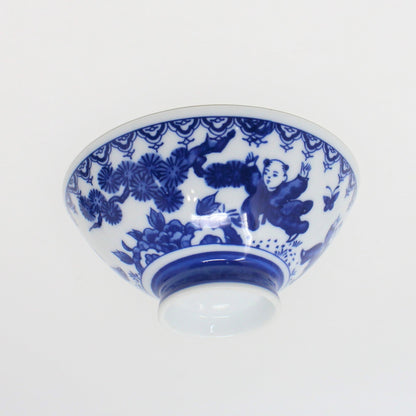 Rice Bowl, Karako Children, Sometsuke Blue and White, Vintage Japan