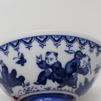 Rice Bowl, Karako Children, Sometsuke Indigo Blue and White, Vintage Japan