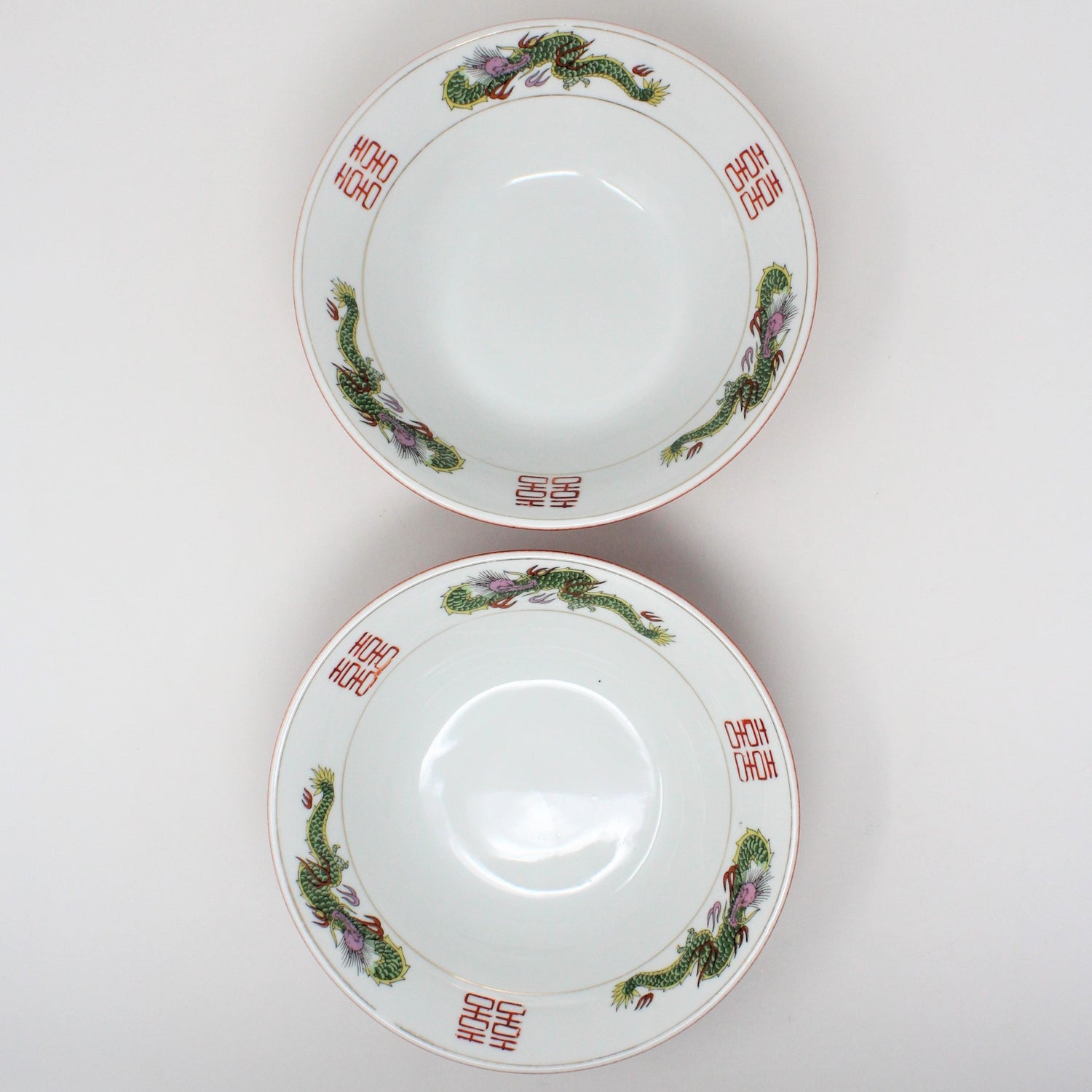 Asian Soup / Ramen Bowls, Green Dragons Oriental Style Kanji Bowls, Dinnerware, Set of 2 Japanese Chinoiserie