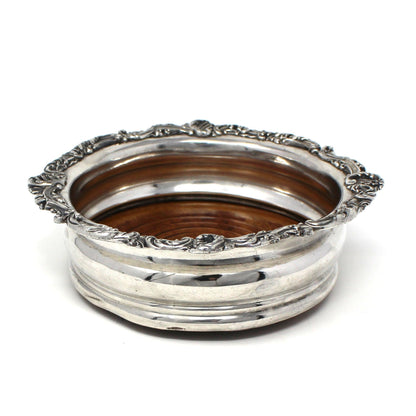Bottle Coaster, Silver Plated & Wood, Ornate Victorian, England, Antique