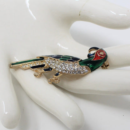 Brooch / Pin, Bird, Parrot, Macaw,  Blue & Green Enamel with Rhinestones, Vintage