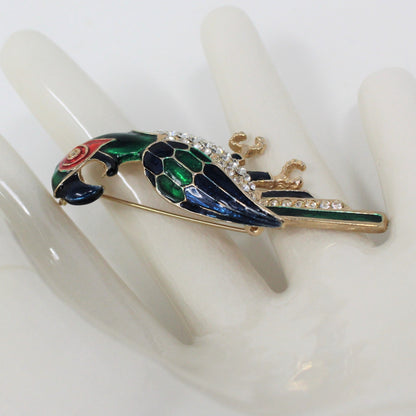 Brooch / Pin, Bird, Parrot, Macaw,  Blue & Green Enamel with Rhinestones, Vintage