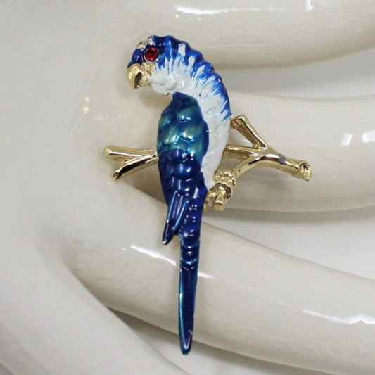 Brooch / Pin, Bird, Parakeet, Parrot, Blue and White Enamel, Gold Tone