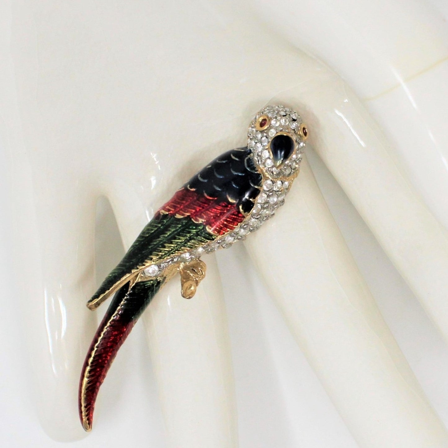 Brooch / Pin, Bird / Parrot, Blue, Red & Green Enamel with Rhinestones, Vintage, SOLD