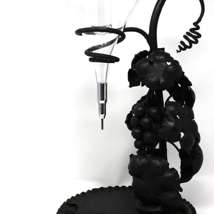 Decanter / Aerator  /Wine Dispenser, Etched Glass, Wrought Iron Stand, Vintage Italy