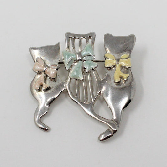 Brooch / Pin, Cat Trio with Pastel Enamel Bows, Silvertone, Vintage