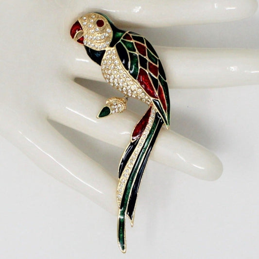 Pin / Brooch, Bird / Parrot / Macaw,  Blue, Red & Green Enamel with Rhinestones