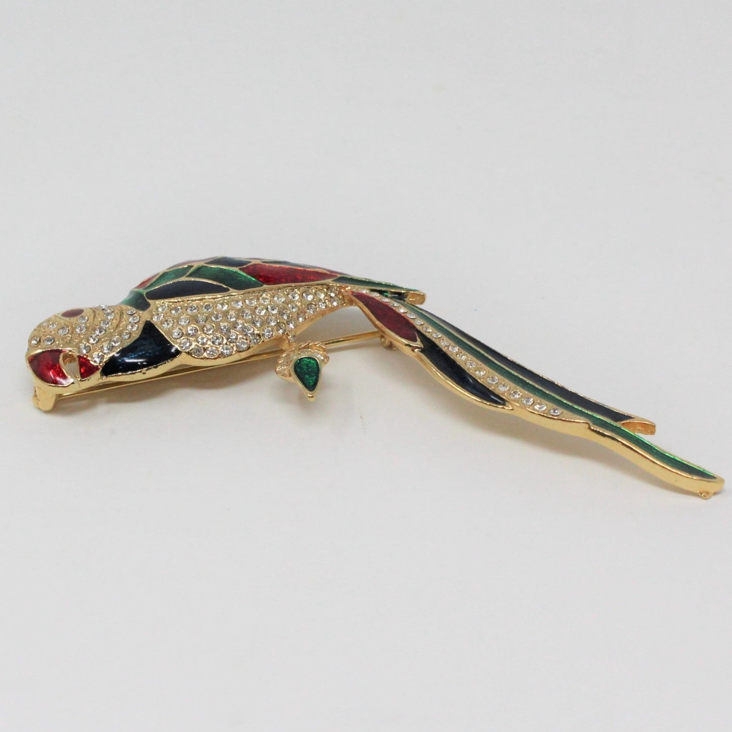 Brooch / Pin, Bird / Parrot / Macaw,  Blue, Red & Green Enamel with Rhinestones