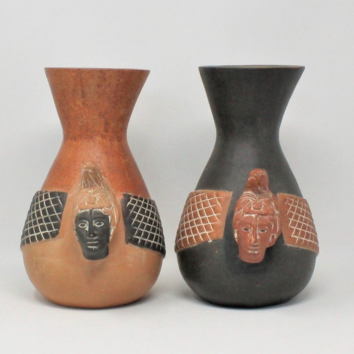 Vase, Aztec Mayan Head, Mexican Terracotta Pottery, Set of 2, RARE Vintage