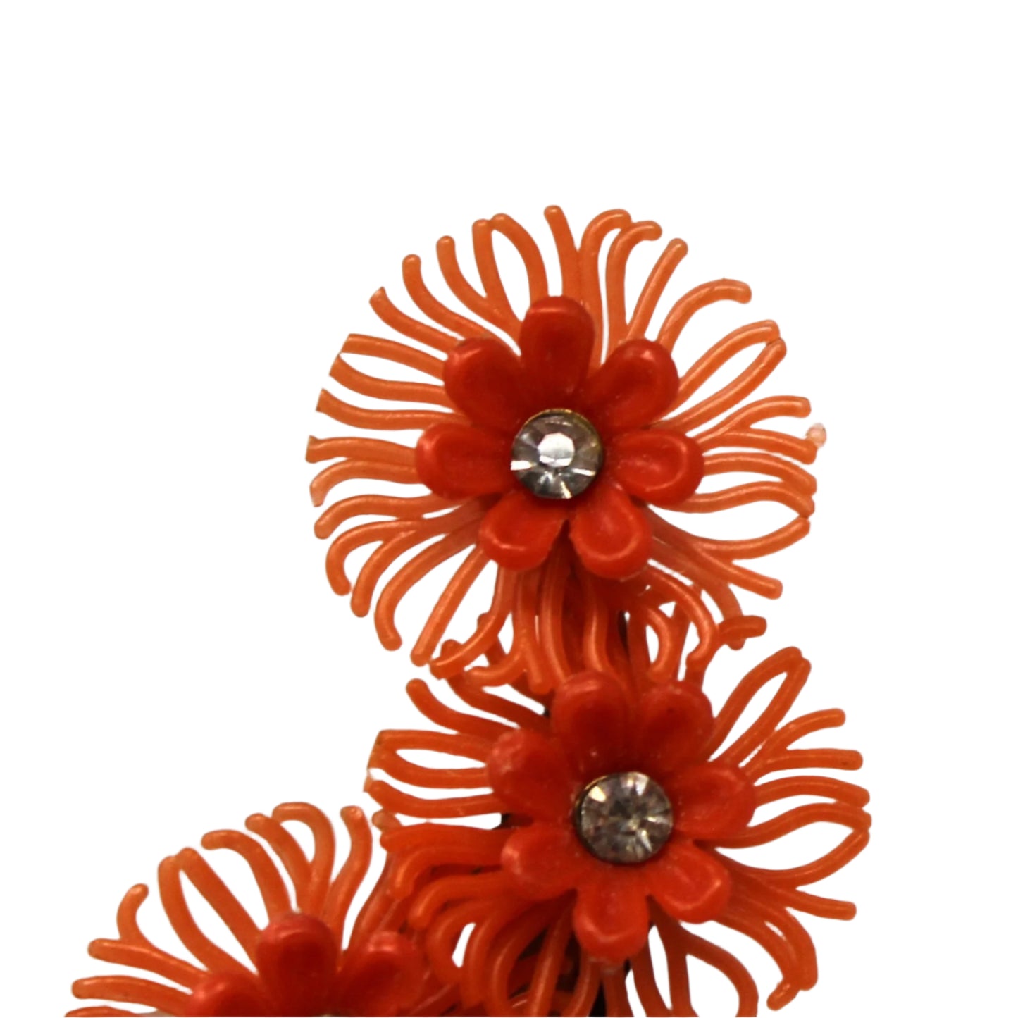 Close up of vintage earrings, flowers with rhinestones