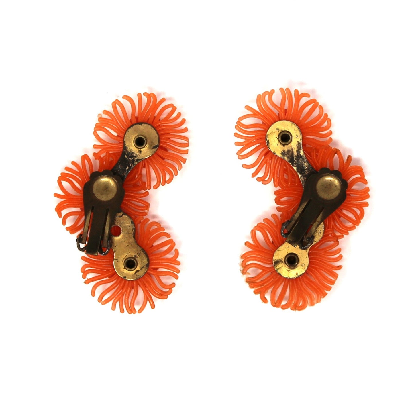 Earrings, Soft Plastic Ear Climbers, Coral Floral with Rhinestones, Clip-On, Mid Century Vintage
