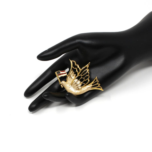 Brooch / Pin, Kim Rogers, Patriotic Dove Bird Of Peace USA Flag, Gold Tone & Enamel, Vintage, SOLD