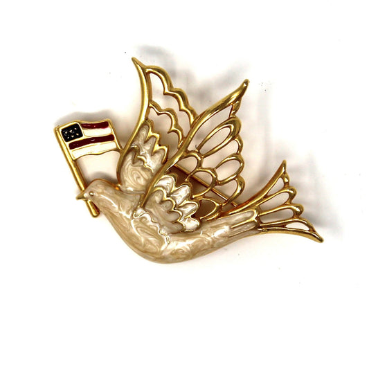 Brooch / Pin, Kim Rogers, Patriotic Dove Bird Of Peace USA Flag, Gold Tone & Enamel, Vintage, SOLD