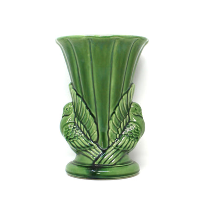 Mid Century USA pottery vase, two turtle doves in green ceramic