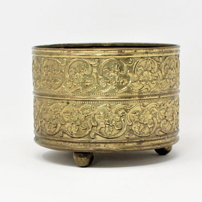 Planter / Vase,  Brass Cachet Pot, Embossed Blossoms, Metal, Vintage