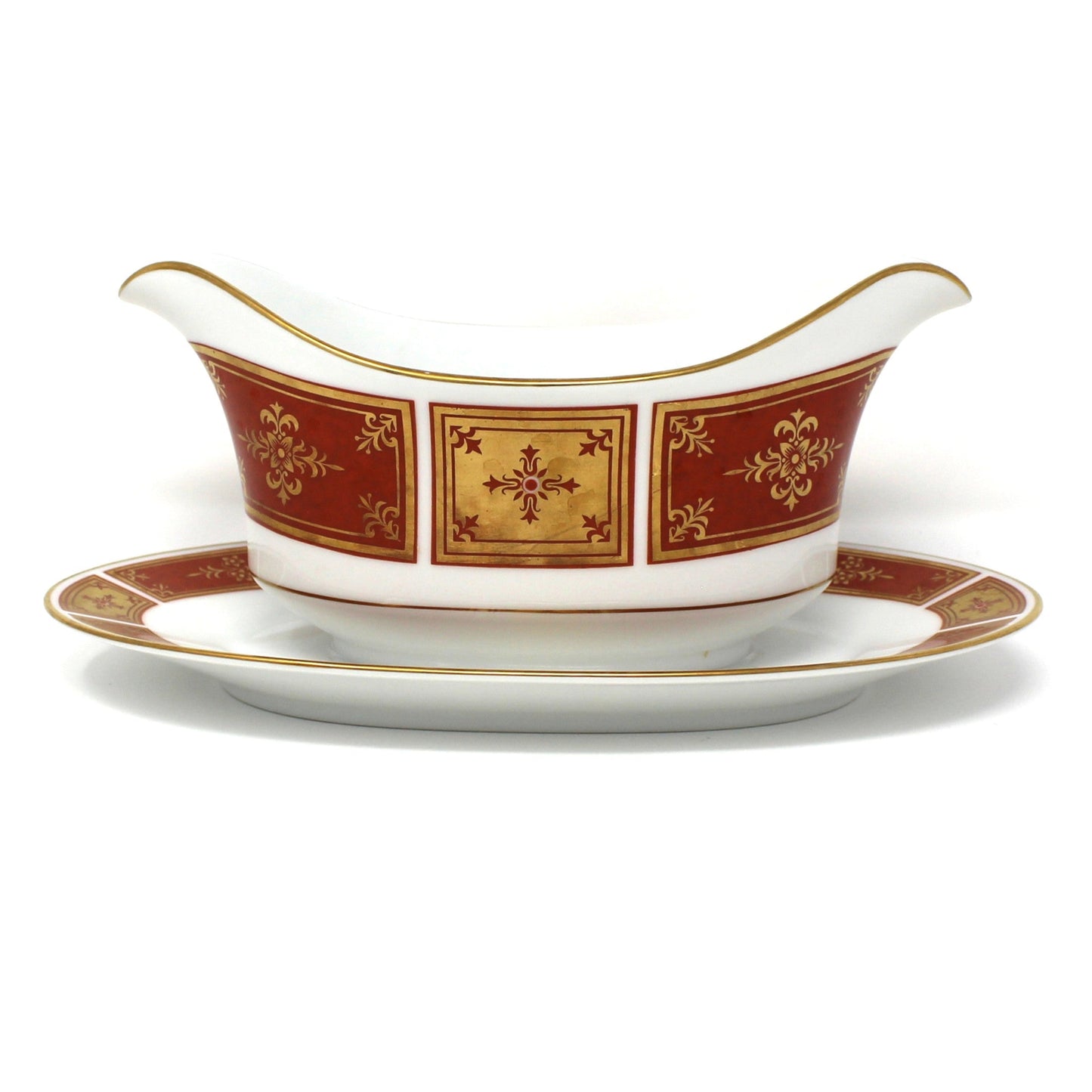 Gravy Boat / Saucière with Underplate, Sango, Cumberland Pattern, Gold & Rust Red Panels, Vintage Japan