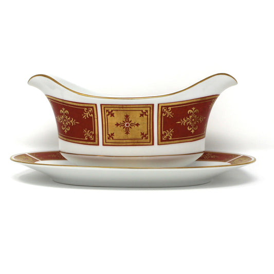 Gravy Boat / Saucière with Underplate, Sango, Cumberland Pattern, Gold & Rust Red Panels, Vintage Japan