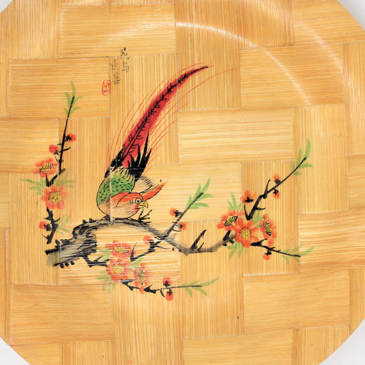 Decorative Plate, Oriental Bird, Bamboo Hand Painted Plate, Vintage