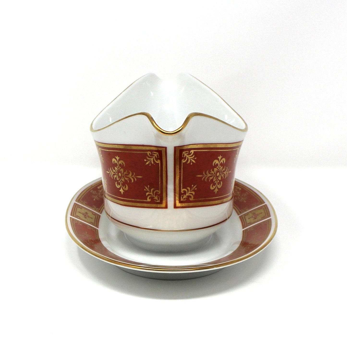 Gravy Boat / Saucière with Underplate, Sango, Cumberland Pattern, Gold & Rust Red Panels, Vintage Japan