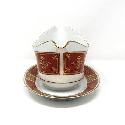 Gravy Boat / Saucière with Underplate, Sango, Cumberland Pattern, Gold & Rust Red Panels, Vintage Japan