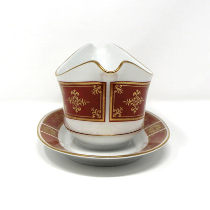Gravy Boat / Saucière with Underplate, Sango, Cumberland Pattern, Gold & Rust Red Panels, Vintage Japan