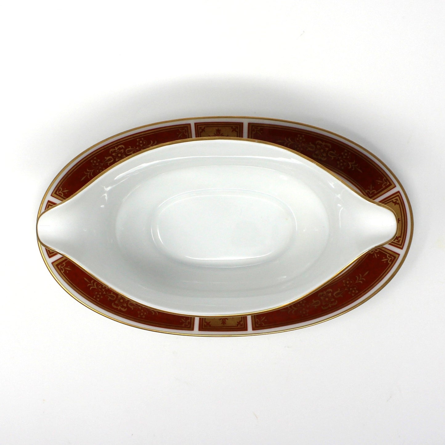 Gravy Boat / Saucière with Underplate, Sango, Cumberland Pattern, Gold & Rust Red Panels, Vintage Japan