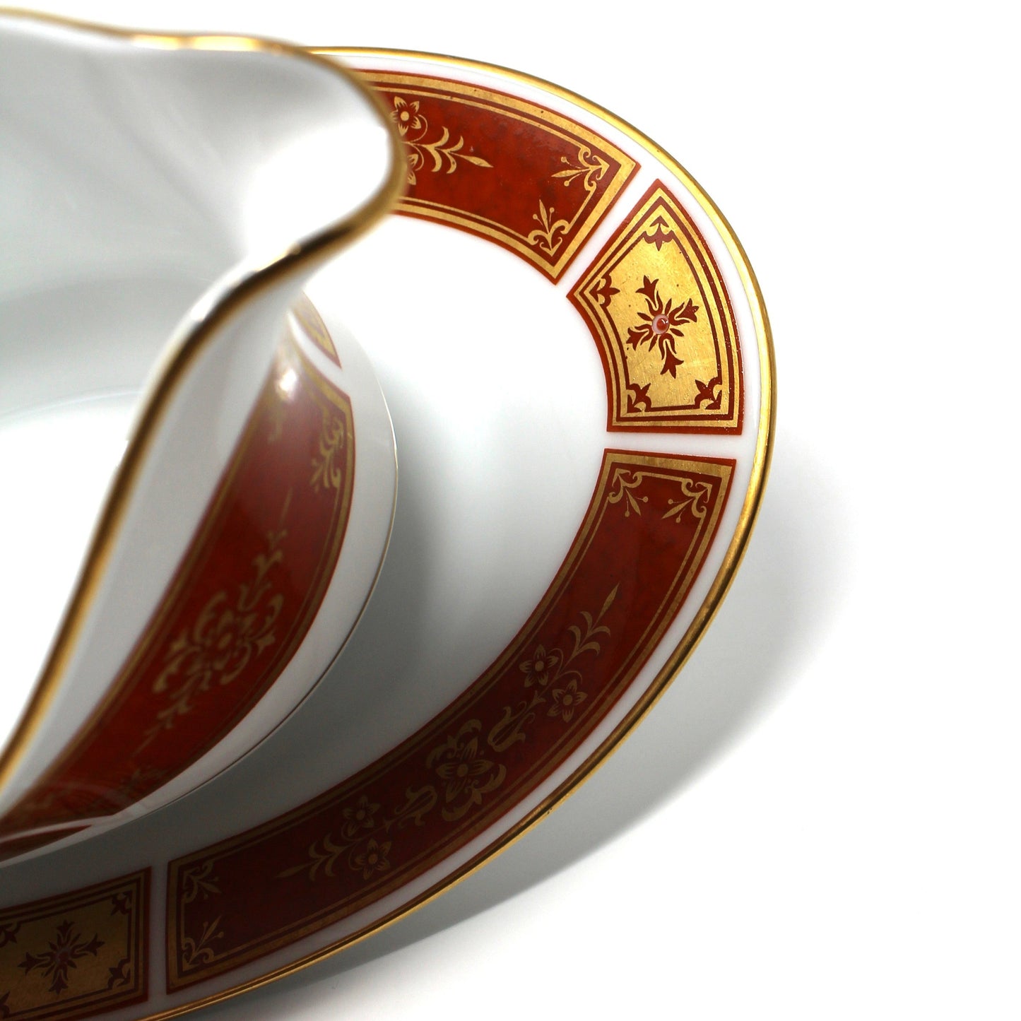 Gravy Boat / Saucière with Underplate, Sango, Cumberland Pattern, Gold & Rust Red Panels, Vintage Japan