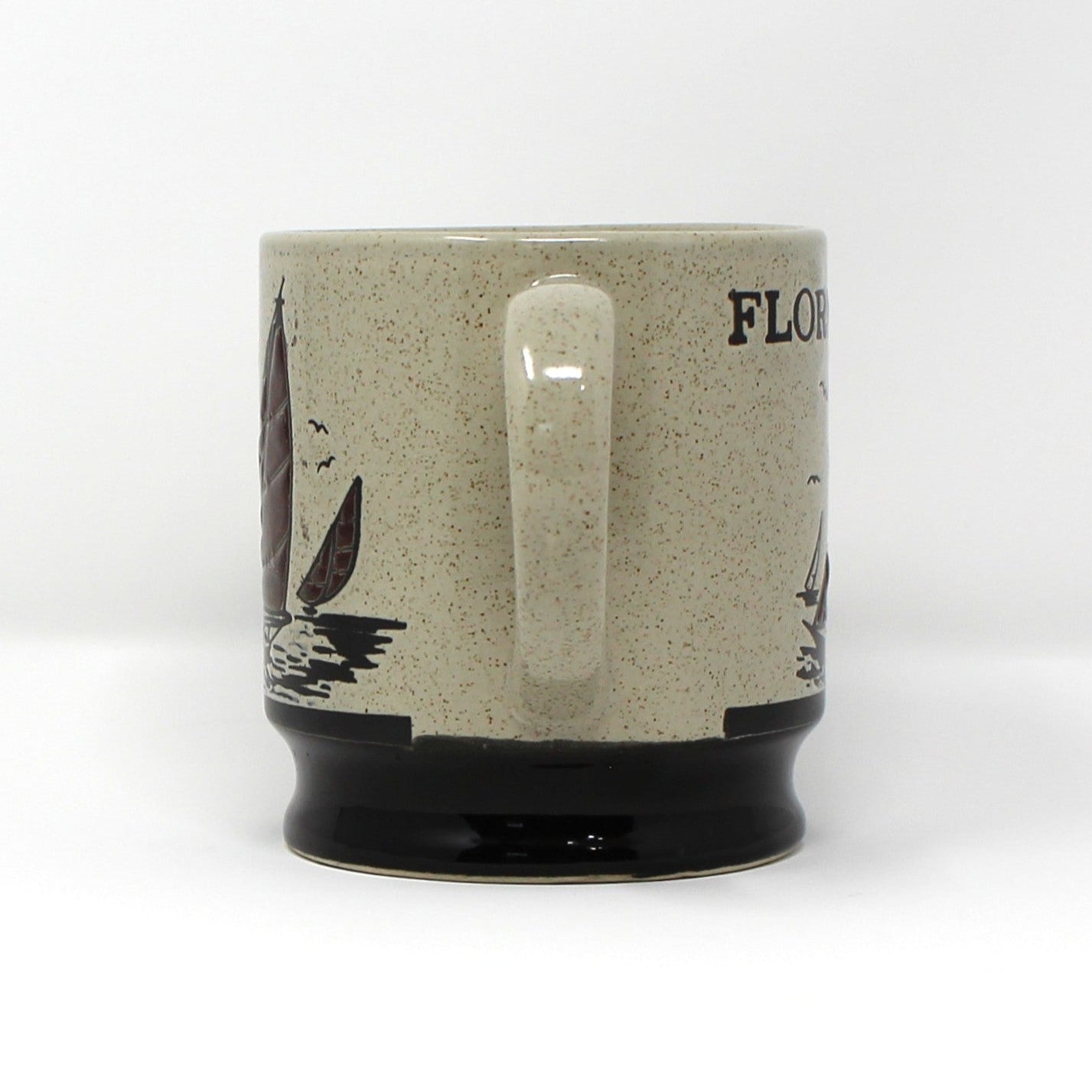 Mug, Coffee Mug, Sailboat Souvenir, Brown Stoneware, Retro Vintage