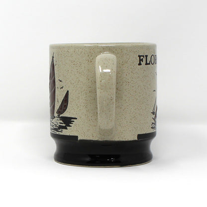 Mug, Coffee Mug, Sailboat Souvenir, Brown Stoneware, Retro Vintage