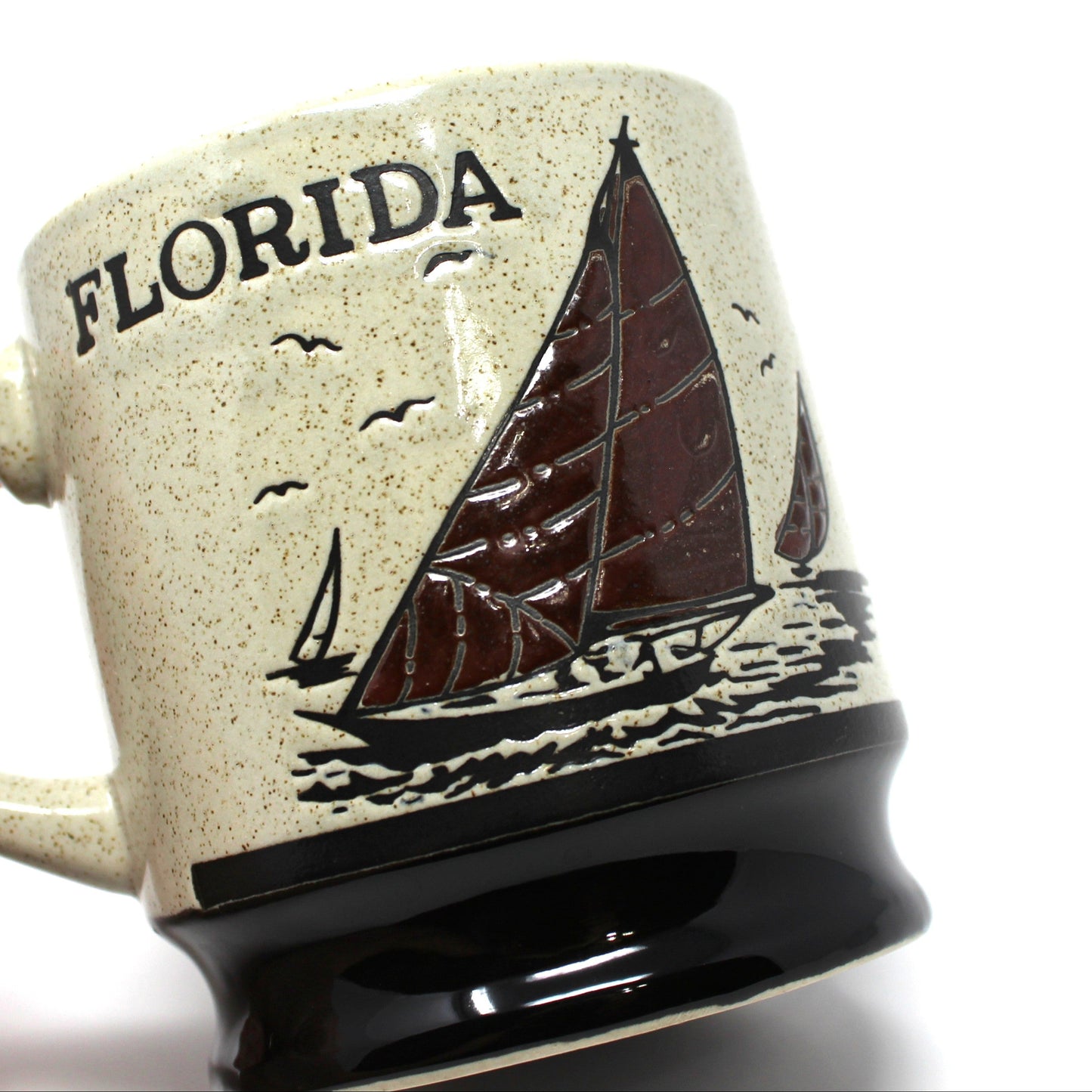 Mug, Coffee Mug, Sailboat Souvenir, Brown Stoneware, Retro Vintage