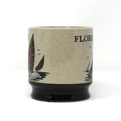 Mug, Coffee Mug, Sailboat Souvenir, Brown Stoneware, Retro Vintage