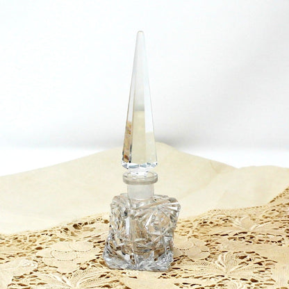 Perfumed Bottle, Cut Crystal, Art Deco Triangle Shaped, Tall Pointed Stopper, Vintage Collectible