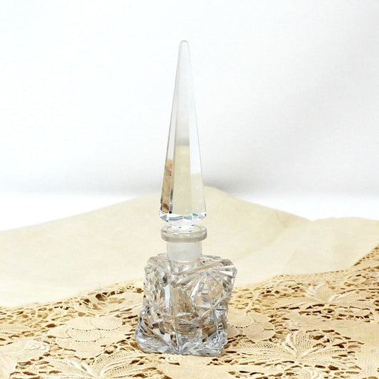 Perfumed Bottle, Cut Crystal, Art Deco Triangle Shaped, Tall Pointed Stopper, Vintage Collectible