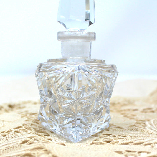 Perfumed Bottle, Cut Crystal, Art Deco Triangle Shaped, Tall Pointed Stopper, Vintage Collectible