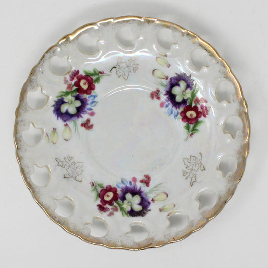 Decorative Plate, Fred Roberts Co, Reticulated Iridescent Lusterware, Purple Floral, Vintage