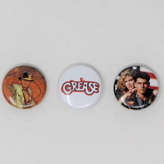 Pinback, Mini Pinback Button, Movies: Indiana Jones, Top Gun & Grease, Set of 3, Vintage