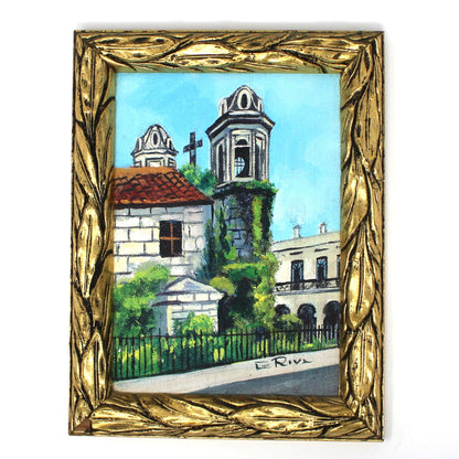 Painting Original Oil, Amateur Art, Town Church / Old Mission with Bell Towers, Framed, Vintage