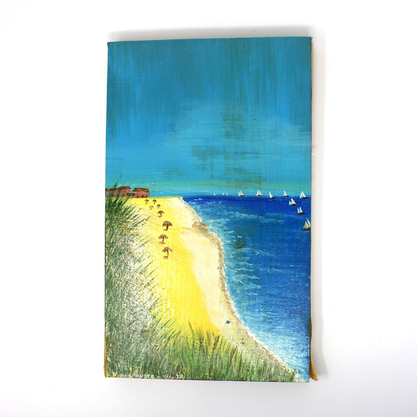 Painting Original Oil, Amateur Art on Wood, Beach Landscape with Sailboats, Whimsical Rustic Coastal, Vintage