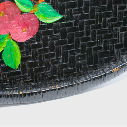 Tray, Hand Painted Wicker, Woven Grass, Robin Bird on Branch Design, Winnowing Basket, Vintage