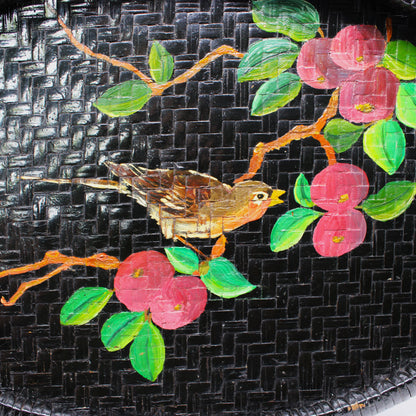 Tray, Hand Painted Wicker, Woven Grass, Robin Bird on Branch Design, Winnowing Basket, Vintage