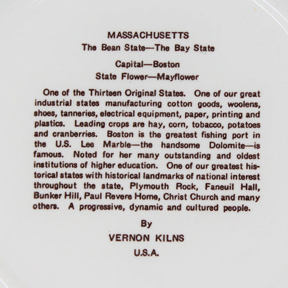 Decorative Plate, Souvenir State Collectors Plate, Vernon Kilns, Massachusetts Plate, Vintage