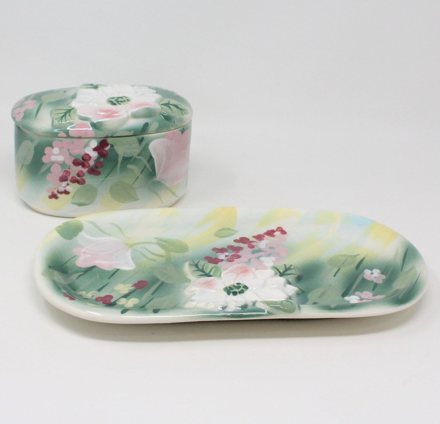 Trinket Box & Tray, Vanity Set, Vohann of California, Camille Green Floral, Vintage