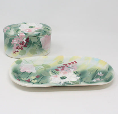 Trinket Box & Tray, Vanity Set, Vohann of California, Camille Green Floral, Vintage