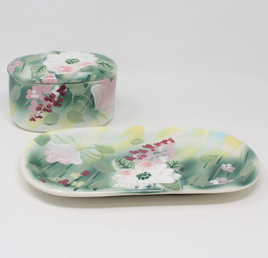 Trinket Box & Tray, Vanity Set, Vohann of California, Camille Green Floral, Vintage