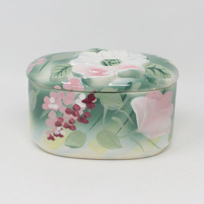 Trinket Box & Tray, Vanity Set, Vohann of California, Camille Green Floral, Vintage